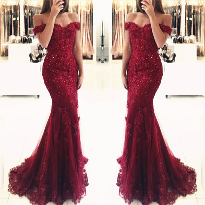 Appliques Off-the-shoulder Red Lace Gorgeous Mermaid Evening Dress UK