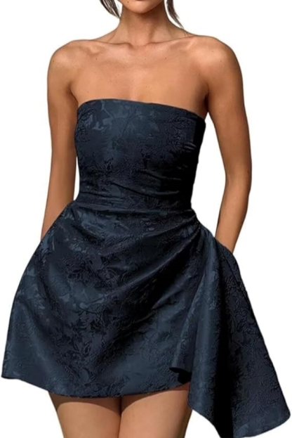 Strapless Ruched Satin Short Party Dress Sleeveless Knee Length Jacquard Homecoming Dress with Pocket