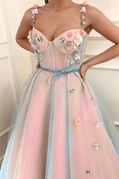 Sexy Flower Bowknot Spaghetti-Strap Prom Dress UKes UK Ribbons Sheer Sleeveless Evening Dress UKes UK with Beads