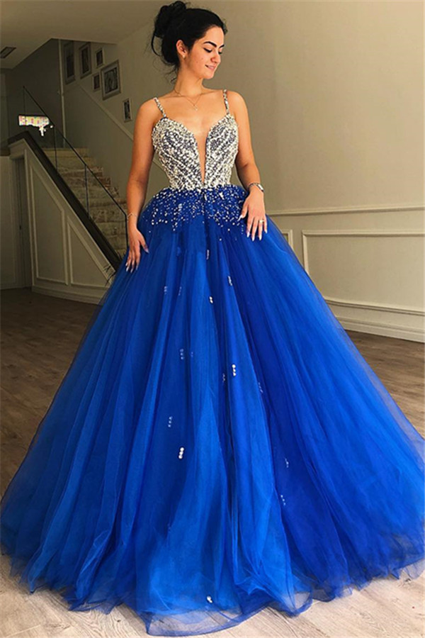 Luxury A-Line Spaghetti Straps Sleeveless Tulle Beads Affordable Evening Dress UKes UK UK
