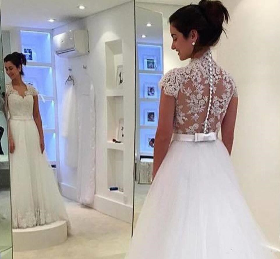 Dreamy Cap Sleeve Lace Wedding Dress Zipper Button Back Bridal Gowns