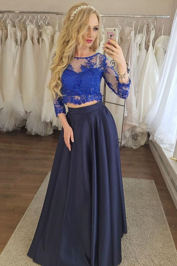 Sexy Two Piece Lace Appliques Prom Dress UKes UK Longsleeves Evening Dress UKes UK with Beads