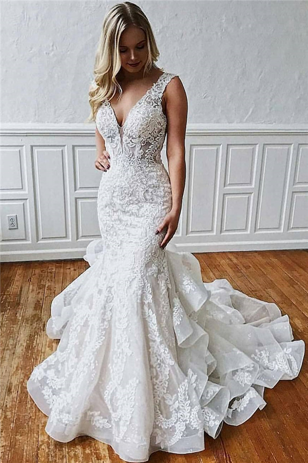 Lace V-Neck Sexy Mermaid Wedding Dresses UK | Sheer Ruffles Sleeveless Backless Floral Bridal Gowns