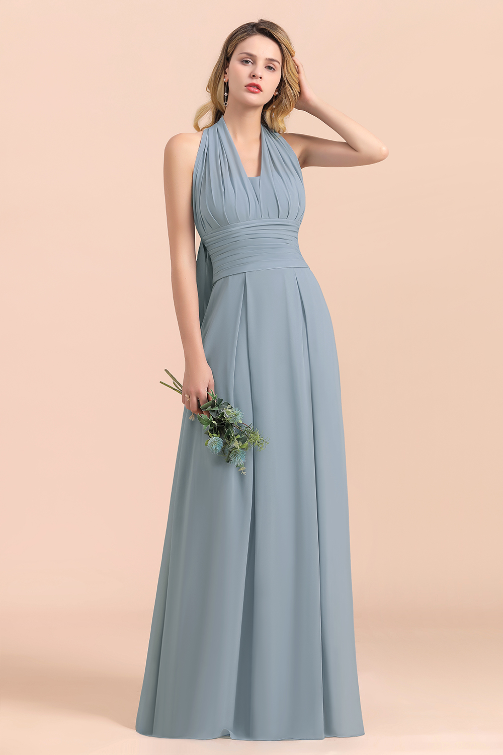 Gorgeous Dusty Blue Ruffle Chiffon Long Bridesmaid Dresses