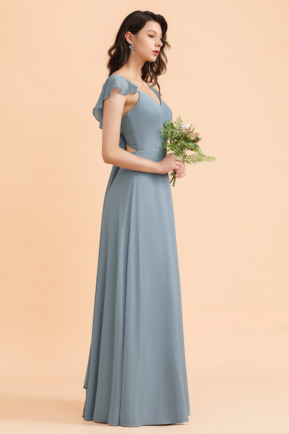 Dusty Blue Chiffon Bridesmaid Dress with Side Slit Sweetheart Long Wedding Guest Dress