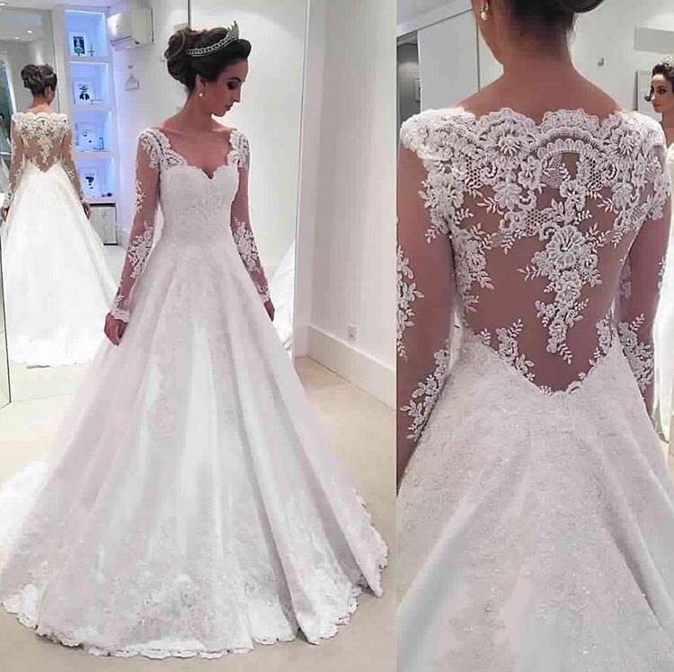 Newest A-line Long Sleeve Wedding Dress Lace Appliques