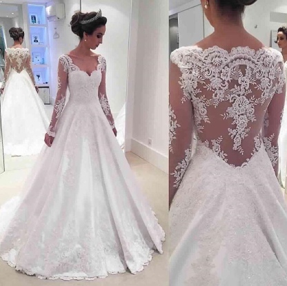 Newest A-line Long Sleeve Wedding Dress Lace Appliques