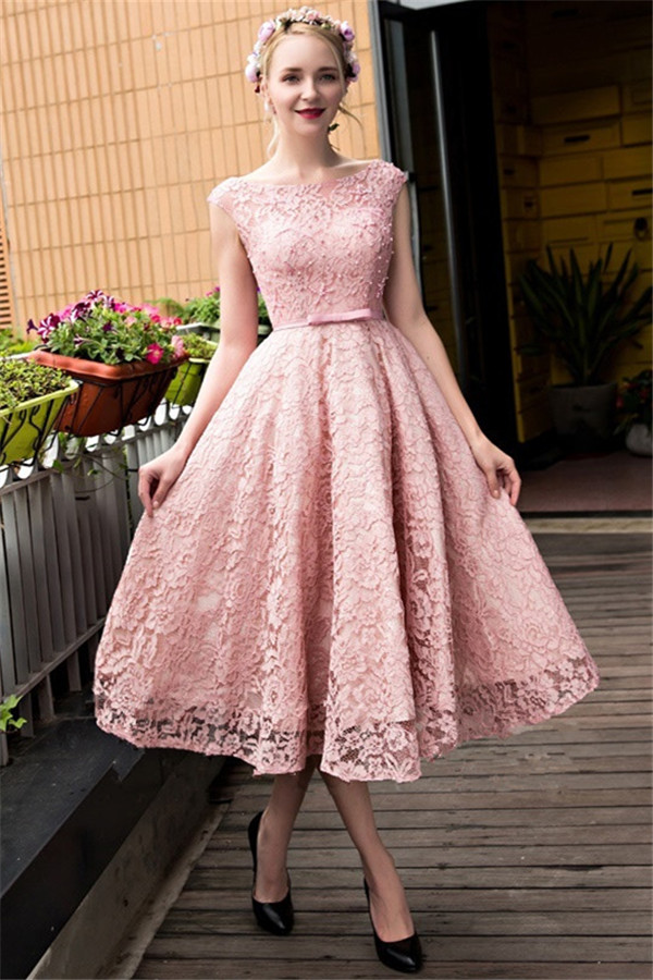 Gorgeous Beadings Lace A-Line Lace-up Tea-Length Homecoming Dress UKes UK