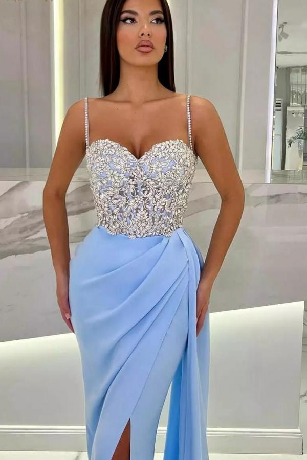 Charming Sweetheart Crystals Mermaid Prom Dress Sleeveless Satin Side Slit Party Dress with Straps-27Dress.co.uk