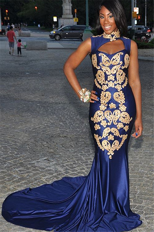 Simple Royal Hign-Neck without Sleeve Applique Elegant Mermaid Prom Dress UK UK