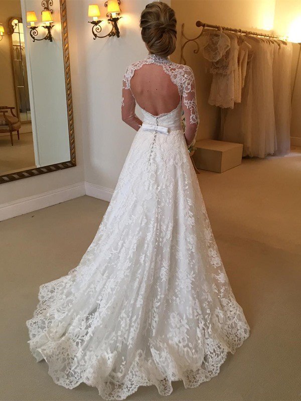 Lace High Neck Court Train Ball Gown Long Sleeves Wedding Dresses UK