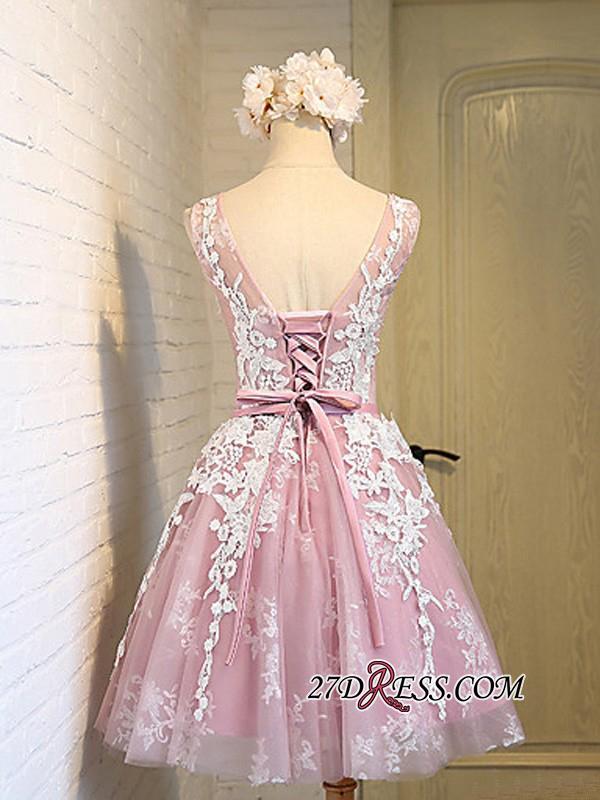 Sleeveless Jewel Pink Lace Open-Back Sash Appliques Lace-Up Sexy Homecoming Dress UKes UK