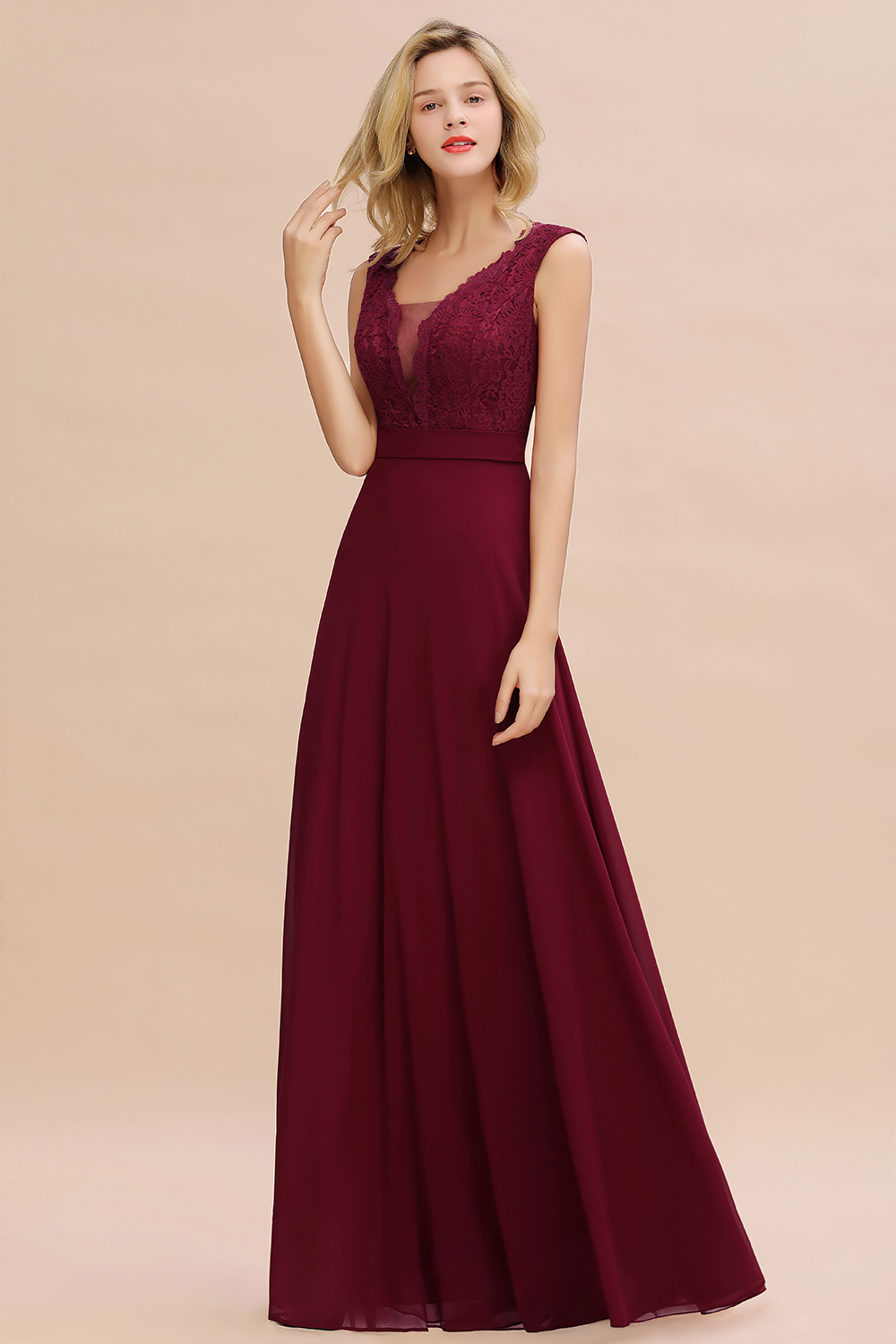 Elegant Burgundy Lace Chiffon Bridesmaid Dress Sleeveless Long Wedding Guest Dress