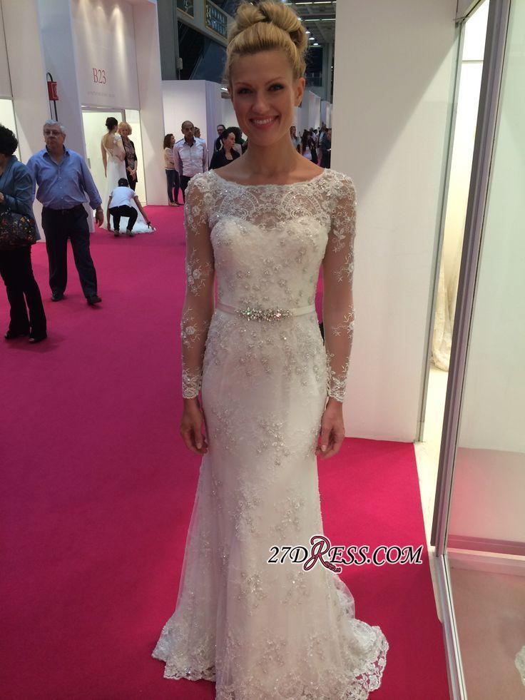Lace Buttons Sexy Mermaid Appliques Crystal Long-Sleeves Elegant Wedding Dress