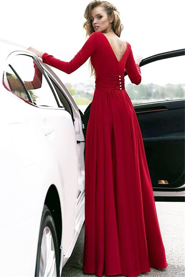 Red Long Sleeves Crystal Prom Dress UKes UK Open Back Side Slit Evening Dress UKes UK with Sash