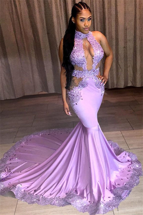 Stunning Halter Sleeveless Sequined Appliques Lace Elegant Mermaid Prom Dress UKes UK UK