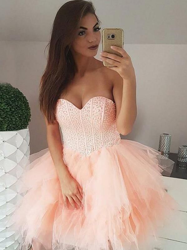 Tulle Beading Sweetheart Strapless Mini Homecoming Dress