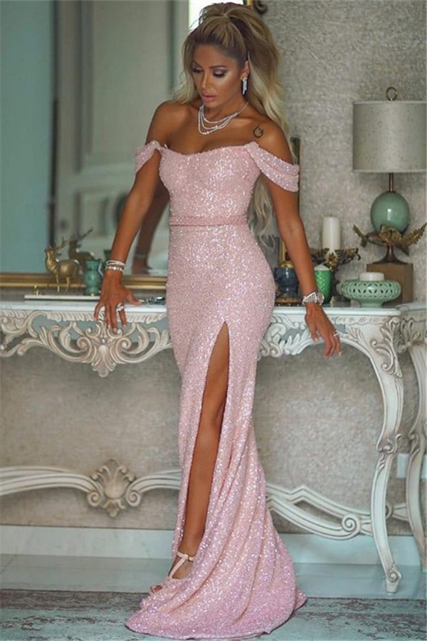 Pink Sequins Off-the-shoulder Front Slit Sheath Evening Dresses