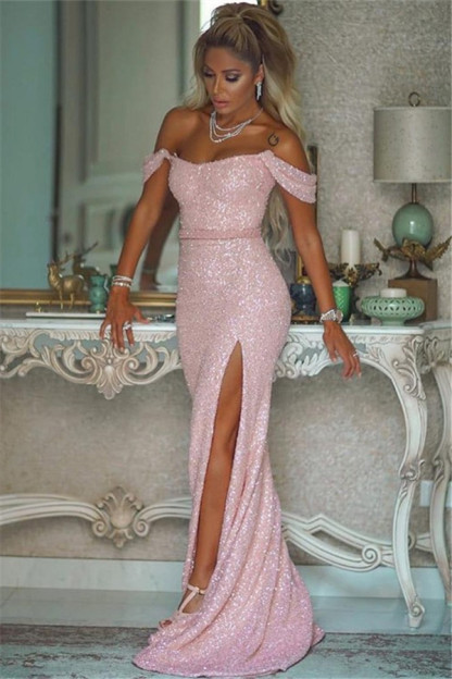 Pink Sequins Off-the-shoulder Front Slit Sheath Evening Dresses