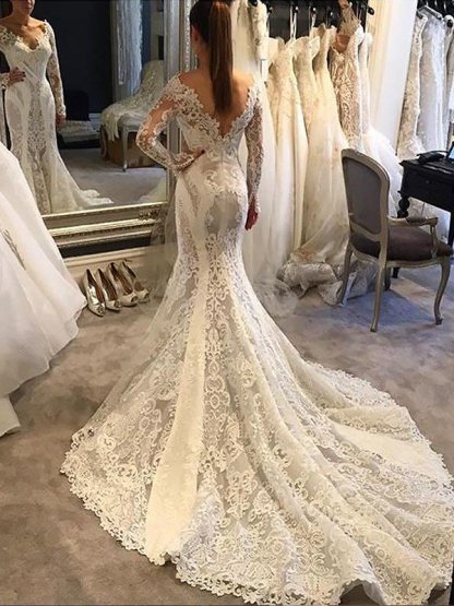 Long Sleeves Lace Sexy Mermaid Court Train V-neck Wedding Dresses UK
