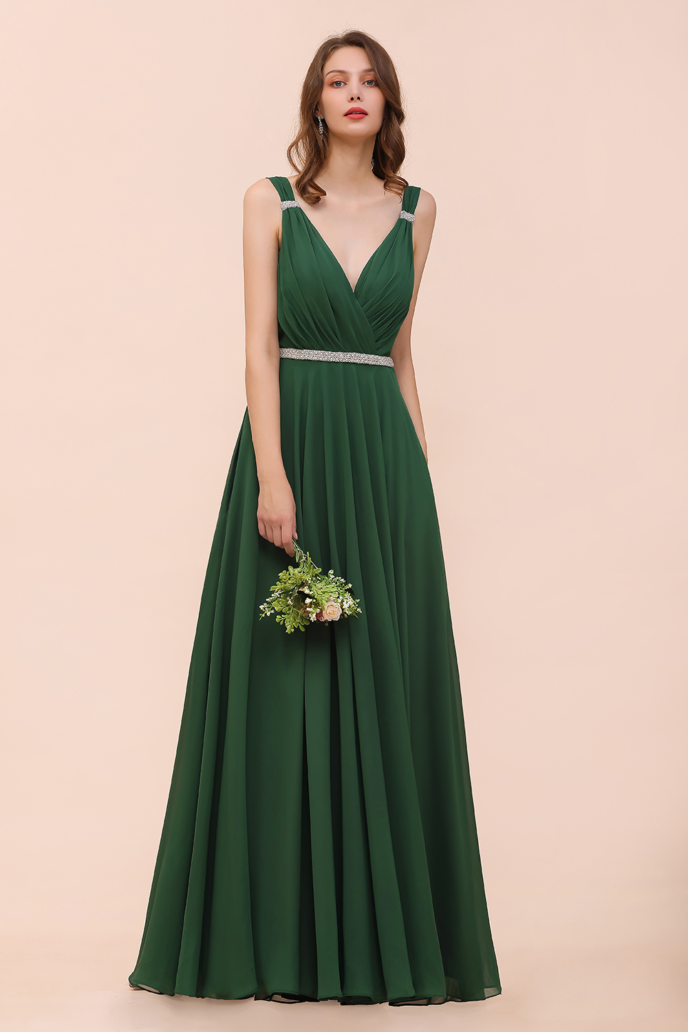 Elegant Ruffle Chiffon Bridesmaid Dress V-Neck Straps Evening Wear Dress for Bride