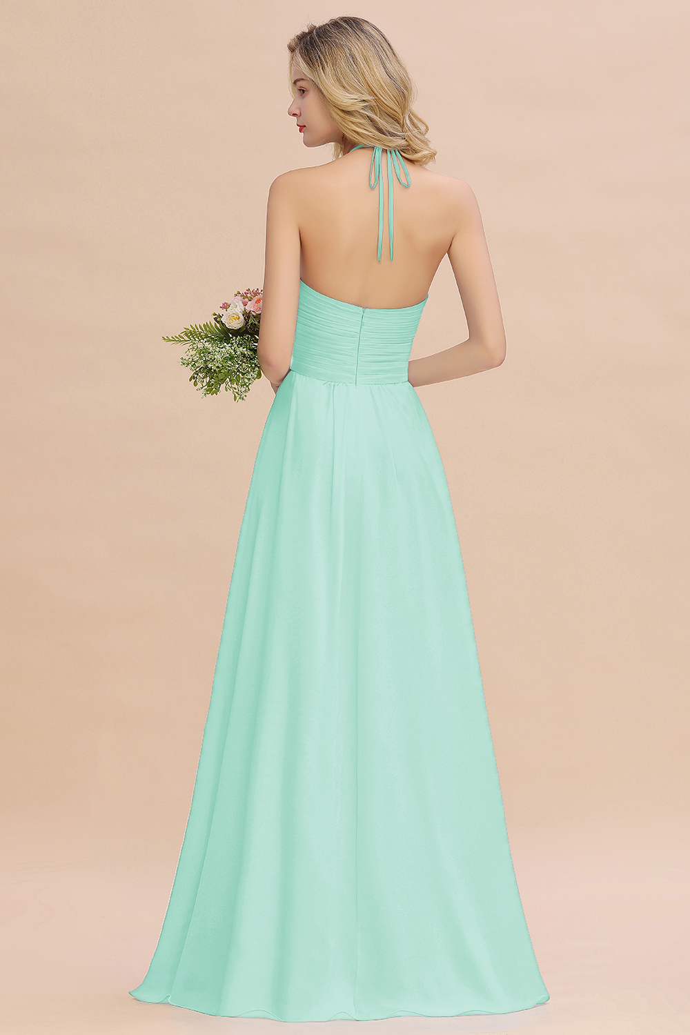 Halter Sky Blue Ruched Chiffon Long Bridesmaid Dresses
