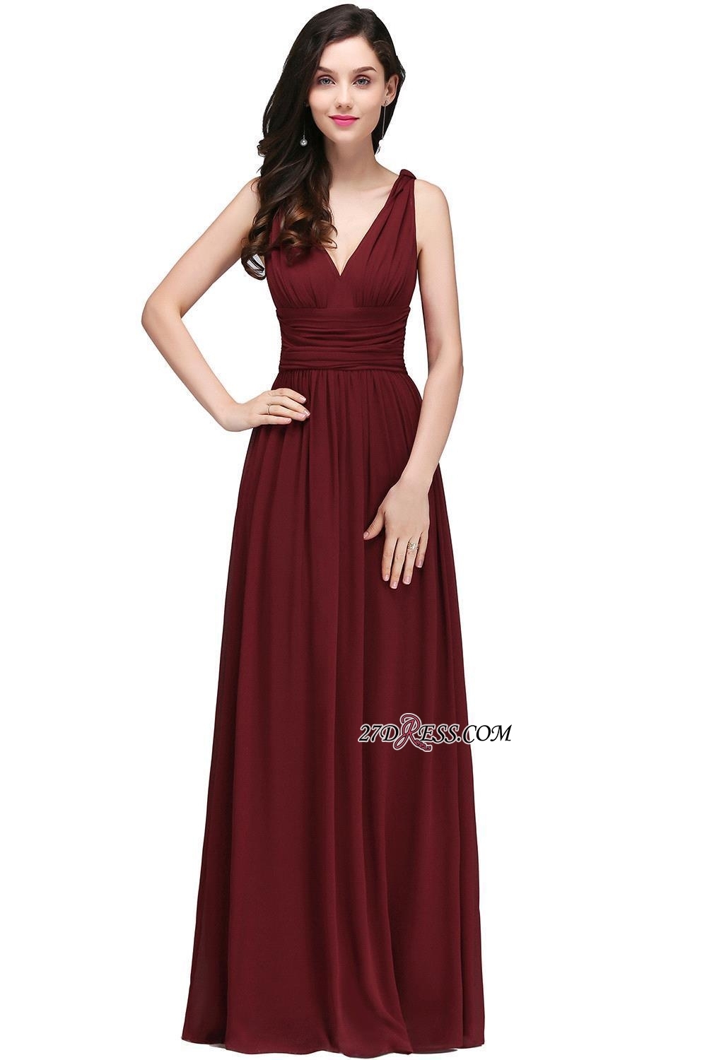 V-Neck Ruched Chiffon A-line Burgundy Evening Dress UKes UK