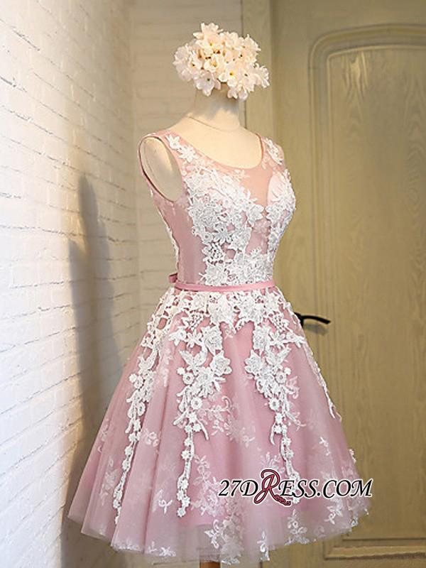 Sleeveless Jewel Pink Lace Open-Back Sash Appliques Lace-Up Sexy Homecoming Dress UKes UK