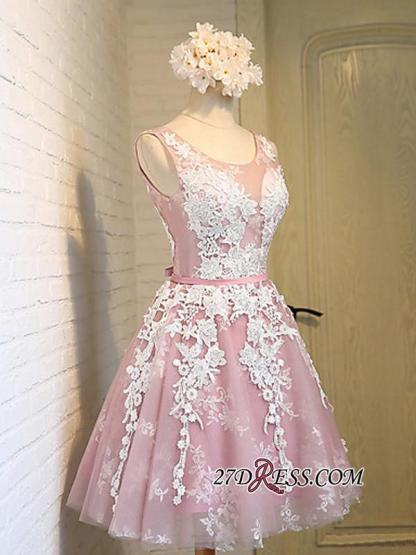 Sleeveless Jewel Pink Lace Open-Back Sash Appliques Lace-Up Sexy Homecoming Dress UKes UK