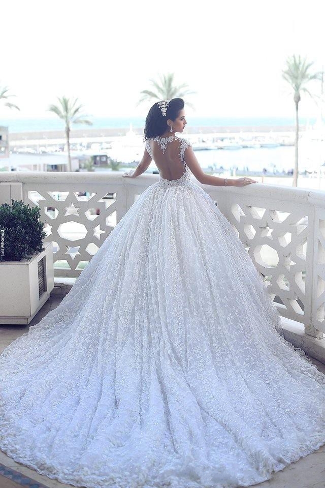 Elegant Cap Sleeve Lace Wedding Dresses UK Ball Gown With Train BA3022