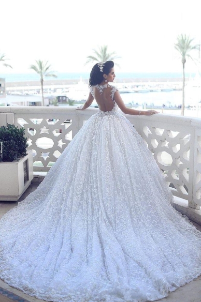 Elegant Cap Sleeve Lace Wedding Dresses UK Ball Gown With Train BA3022