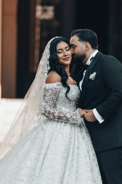 Appliques Lace Crystal Long Sleeve Princess Wedding Dresses Chapel Train