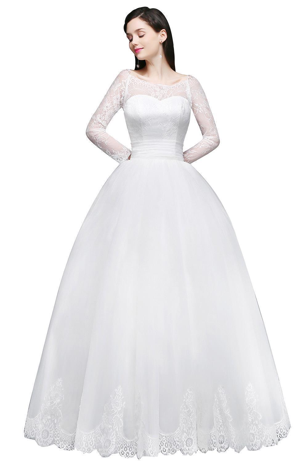 Elegant Princess Wedding Dress with Sleeves Scoop Tulle White-27Dress.co.uk