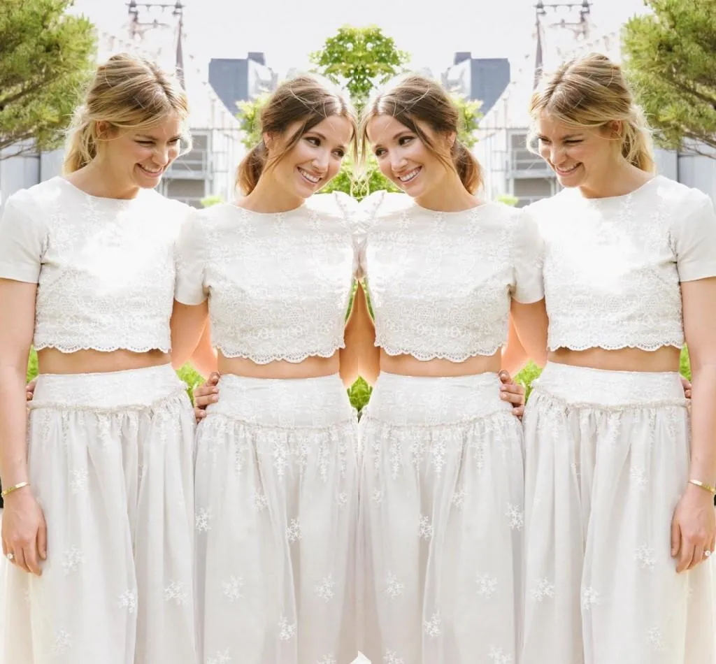 Modern White Two Piece A-line Bridesmaid Dress UK Lace Short Sleeve Jewel