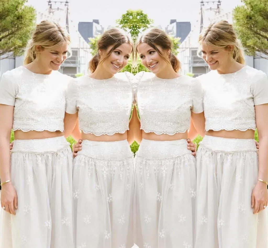 Modern White Two Piece A-line Bridesmaid Dress UK Lace Short Sleeve Jewel