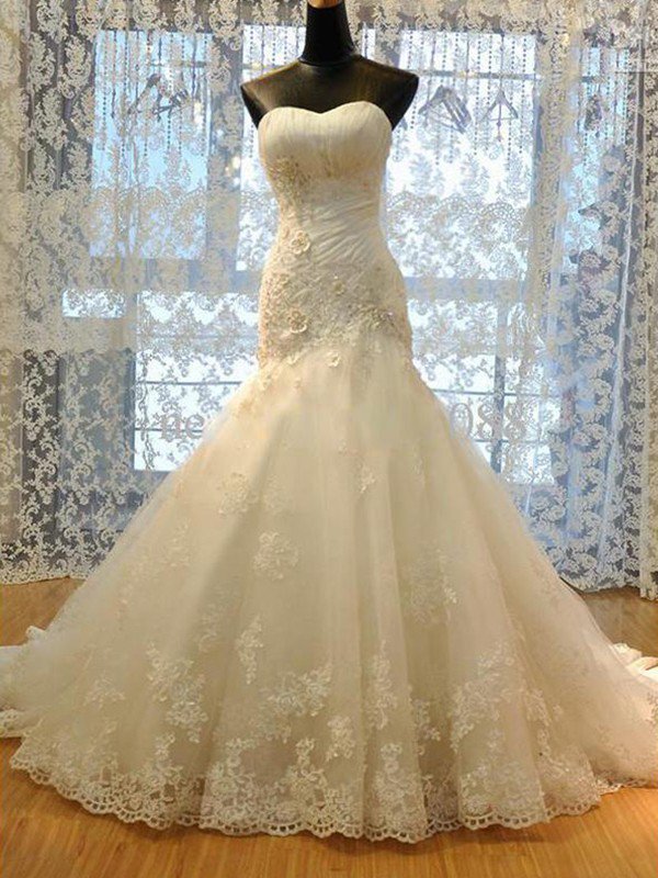 Applique Court Train Sexy Mermaid Sweetheart Tulle Sleeveless Wedding Dresses UK-27Dress.co.uk