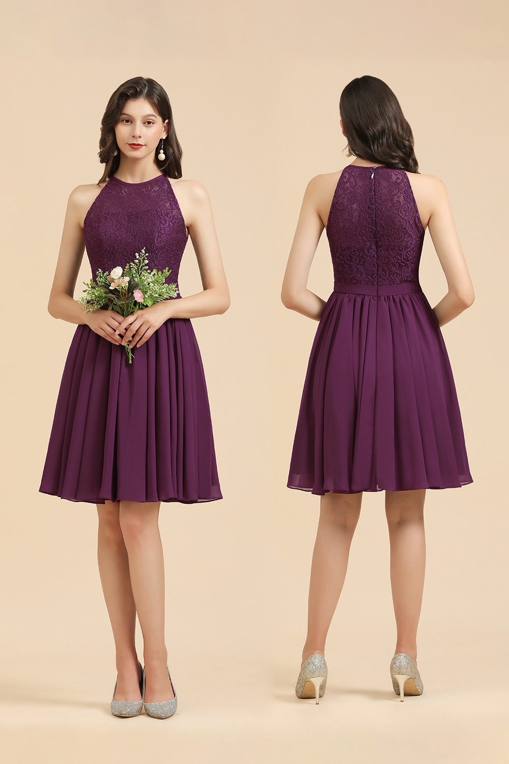 Elegant Halter Grape Lace Short Bridesmaid Dresses Chiffon Knee Length Wedding Guest Dress