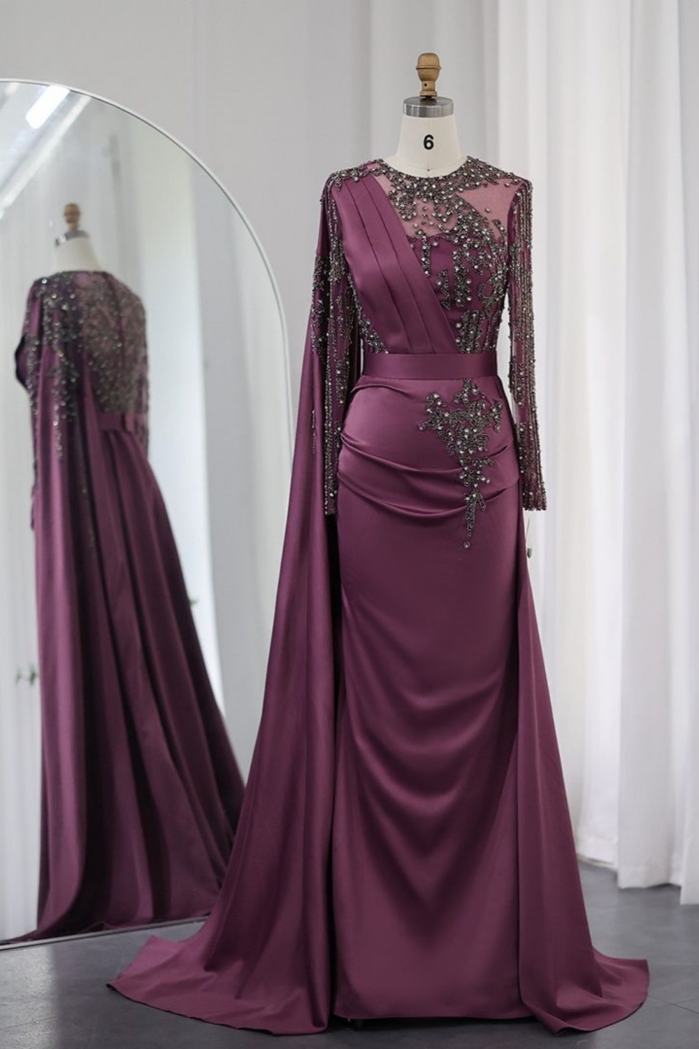 Glamorous Long Sleeves Crystals Satin Mermaid Evening Gowns with Side Cape