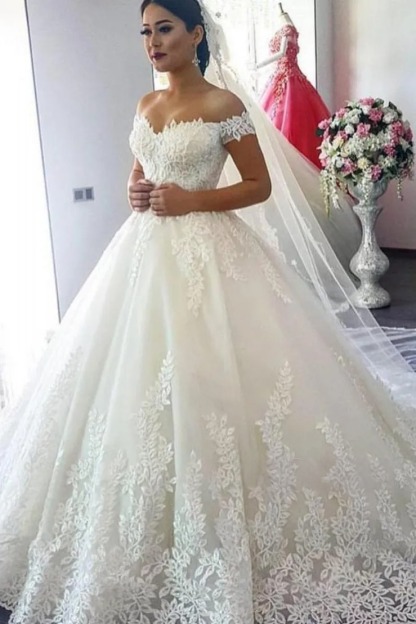 Short Sleeve A-Line Applique Lace Off-the-Shoulder Wedding Dress-27Dress.co.uk