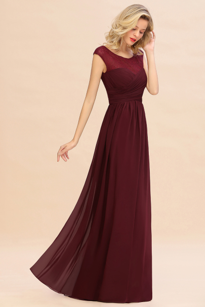 Elegant Burgundy Jewel Neck Chiffon Long Bridesmaid Dress
