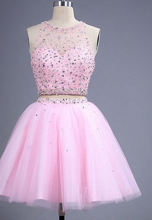 Pink two Pieces Short Prom Dress UK Beadings Tulle Homecoming Dress UK   27Dress.co.uk