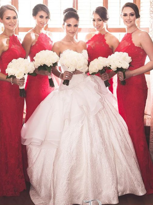Elegant Halter Sleeveless Mermaid Red Bridesmaid Dress UK Sweep Train