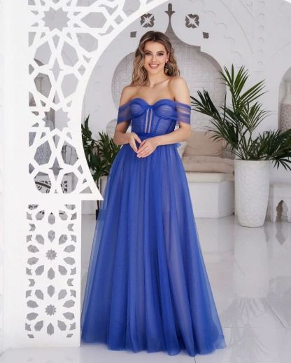Stunning Tulle Off the Shoulder Sweetheart Strapless Royal Blue Prom Dress