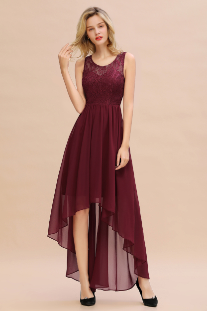 Elegant Jewel Neck Lace Hi-Lo Burgundy Bridesmaid Dress Sleeveless Chiffon Evening Dress