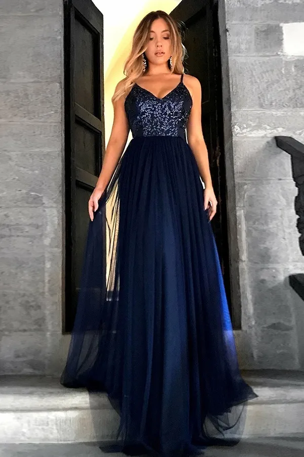 Cheap Sequins Cheap Evening Dress UK | V-neck Spaghetti Straps Tulle Navy Prom Dresses