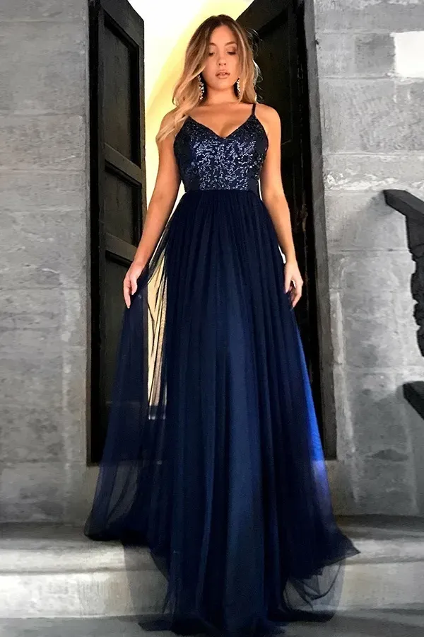 Cheap Sequins Cheap Evening Dress UK | V-neck Spaghetti Straps Tulle Navy Prom Dresses