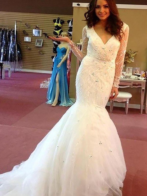 Long Sleeves V-neck Sexy Mermaid Court Train Beads Tulle Wedding Dresses UK