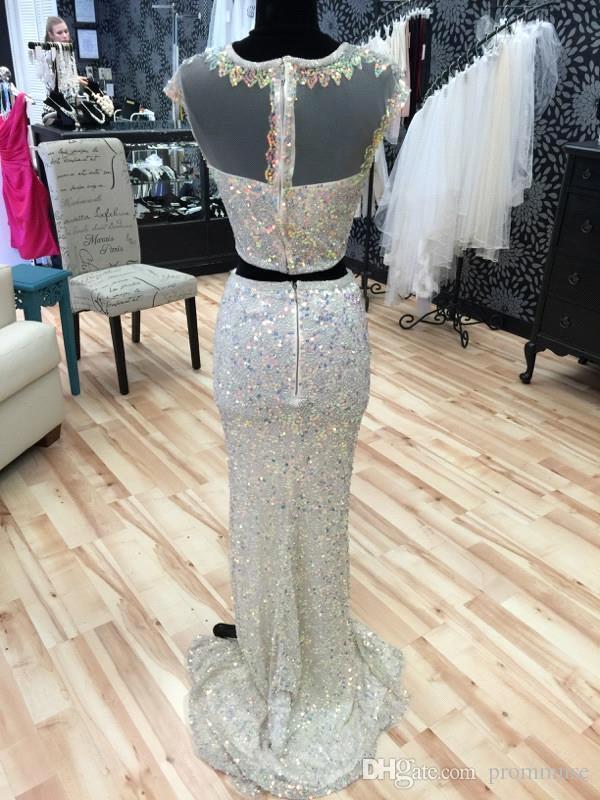 Gorgeous Cap Sleeve Sequins Prom Dress UKes UK Two Pieces Slit Beadings