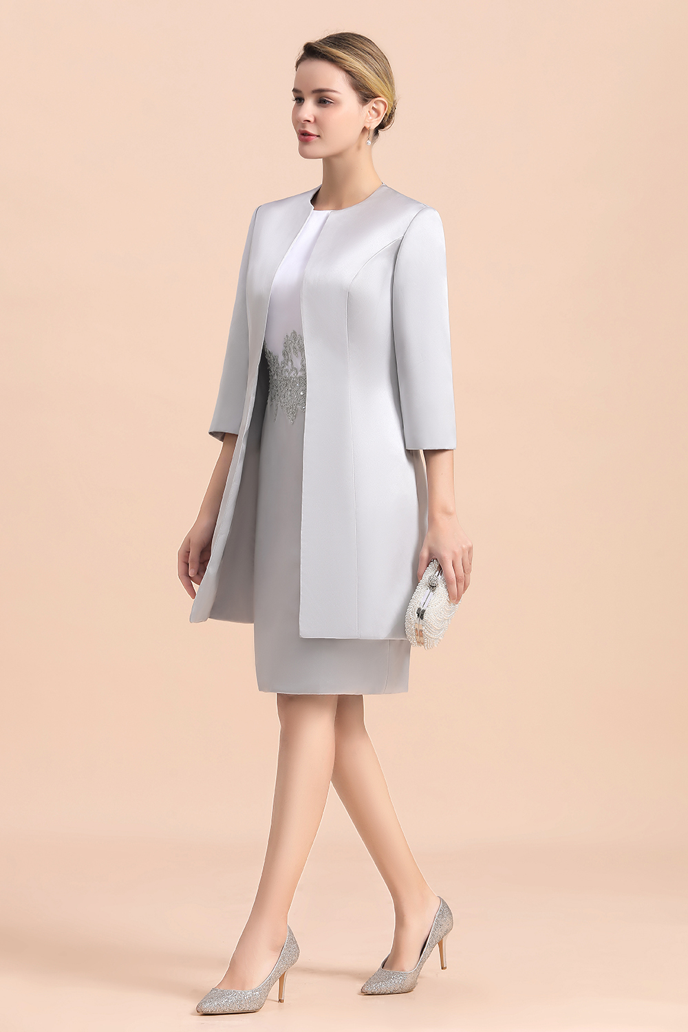 Chic Silve Short Mother Of the Bride Dress Knee-Length Wedding Party Gowns
