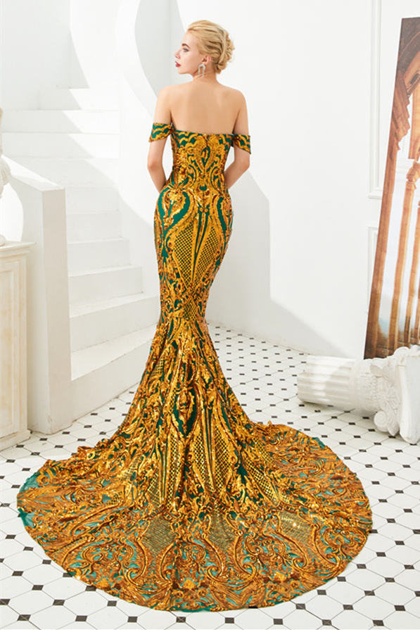 Glamorous Off-the-Shoulder Glitter Sequins Appliques Long Mermaid Prom Dress